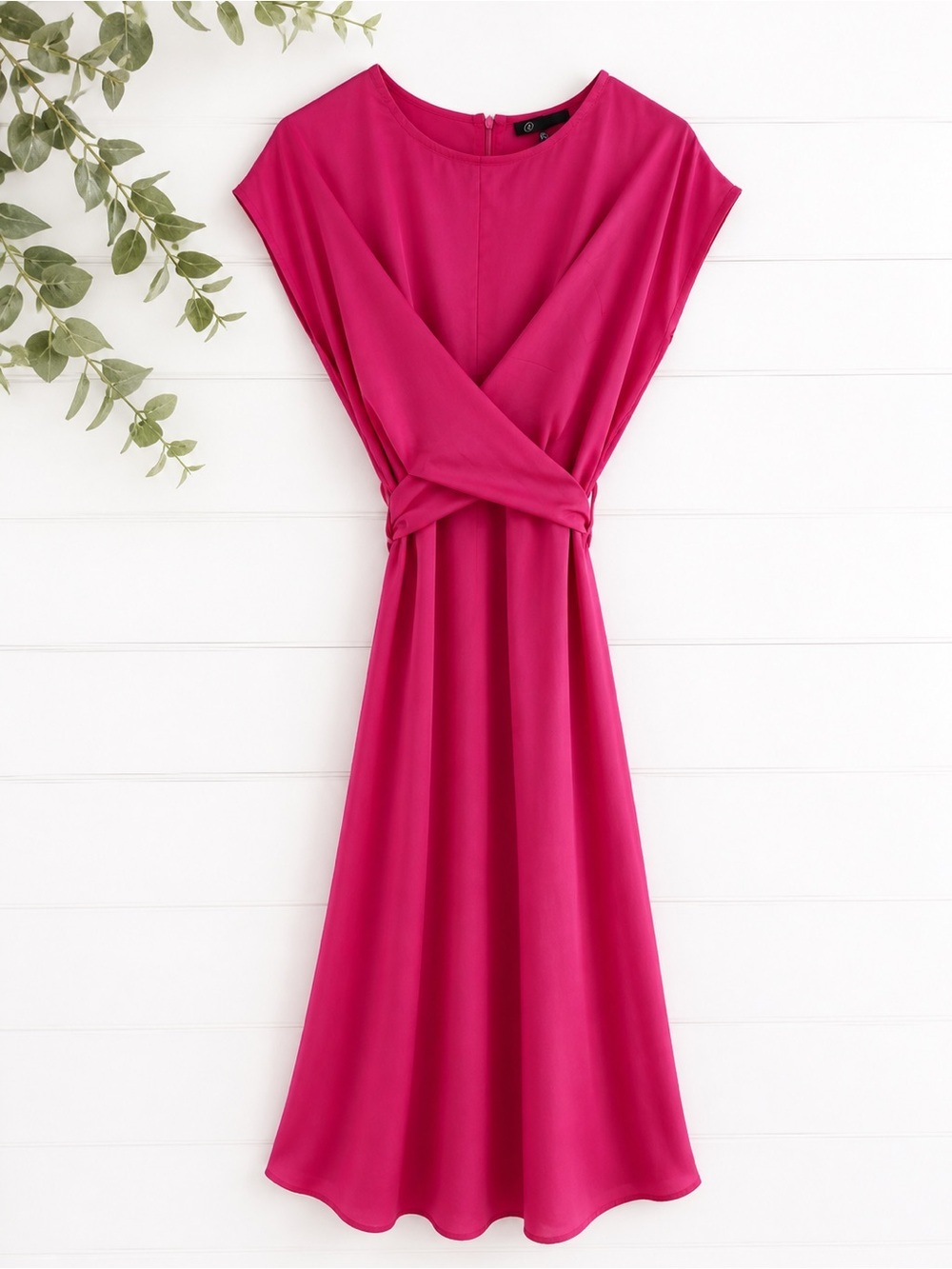 Fuchsia Wrap Midi Dress Tie Waist Silky Flowy Feminine Dress Size S